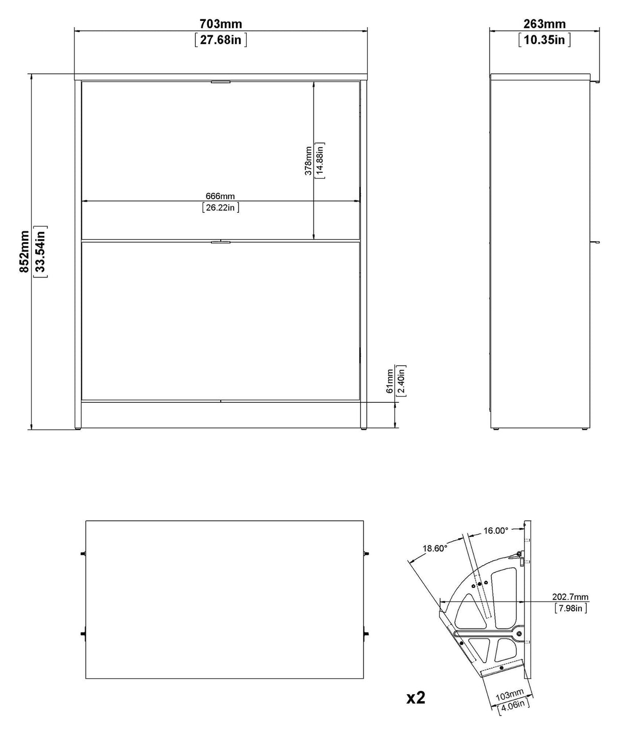 Shoes Shoe Cabinet, 2 folding doors with 2 compartments, Gray