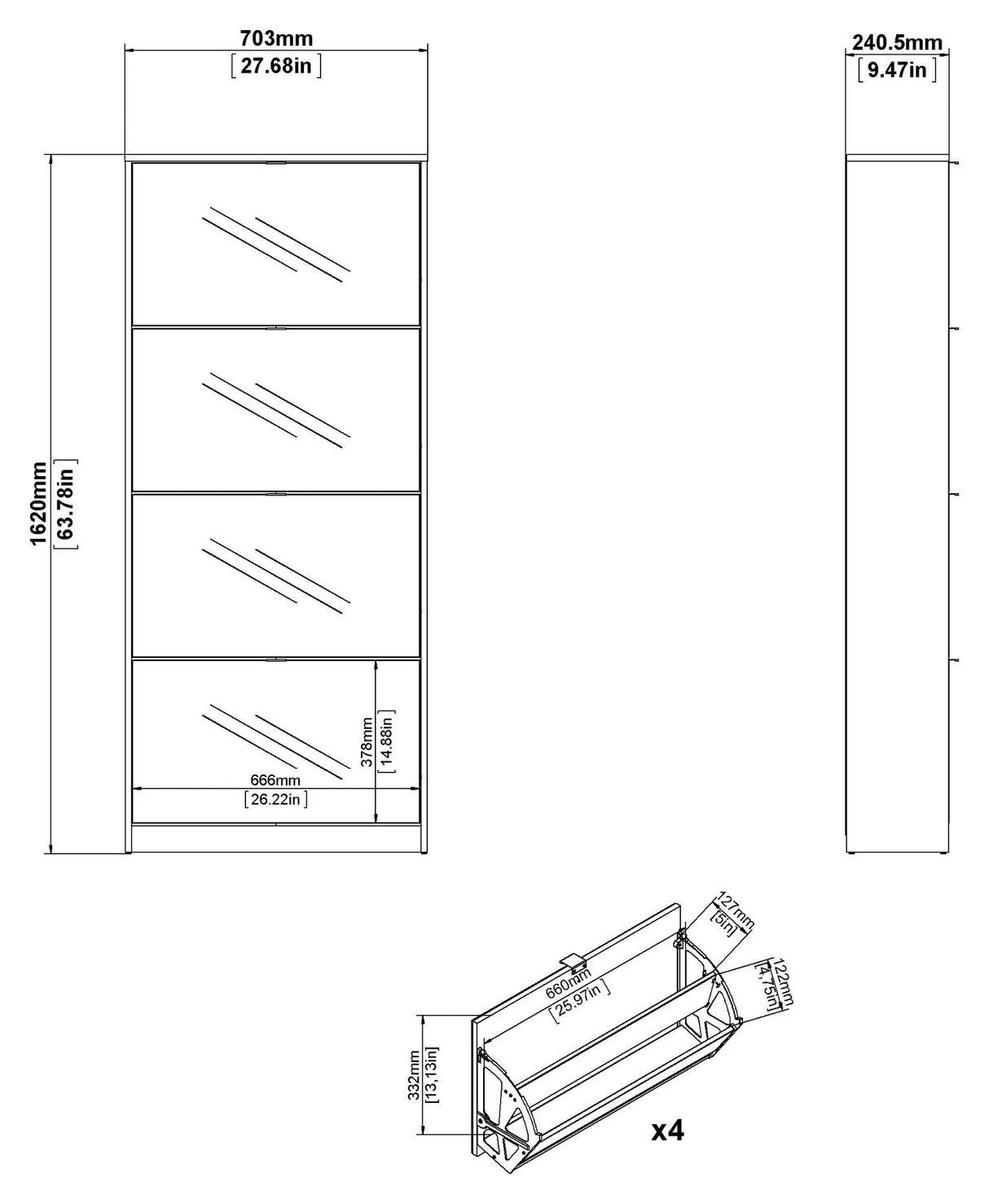 Shoes Shoe cabinet 4 mirror-folding doors with 2 compartments - Oak structure