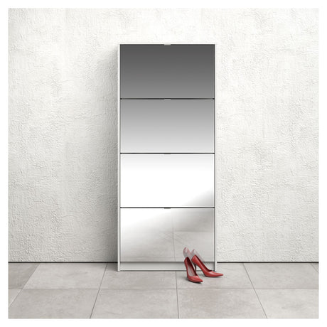 Shoes Shoe Cabinet 4 mirror-folding doors with 2 compartments - White