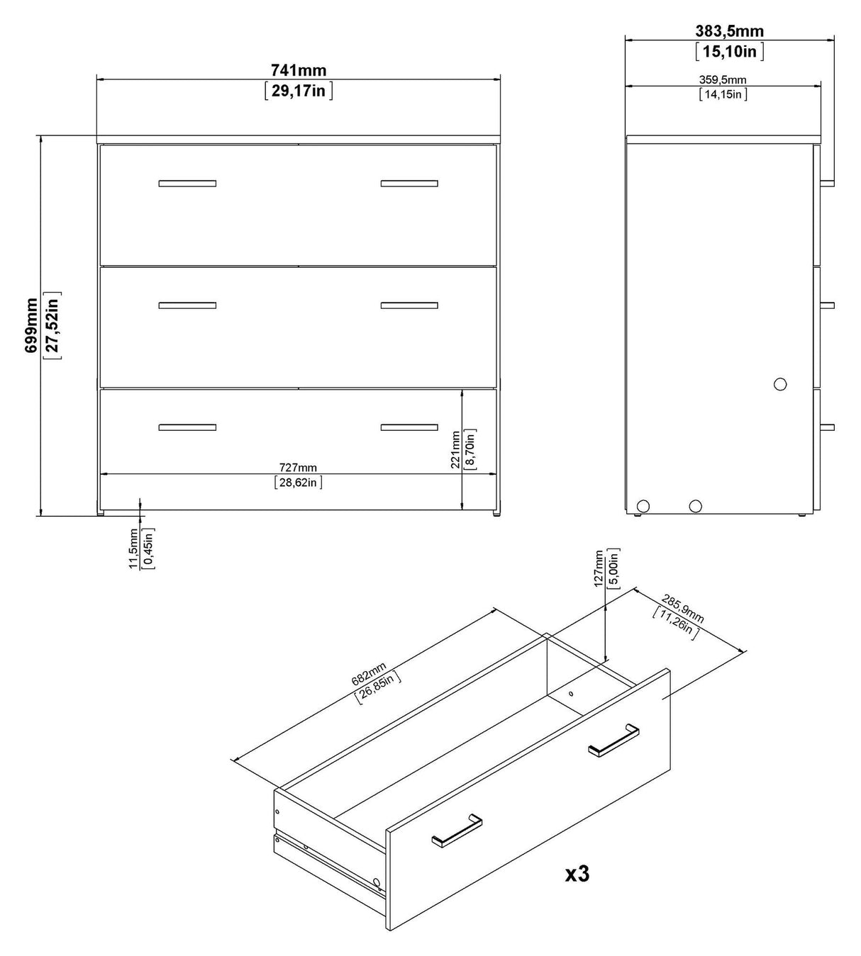 Space Chest, 3 drawers, Oak-look