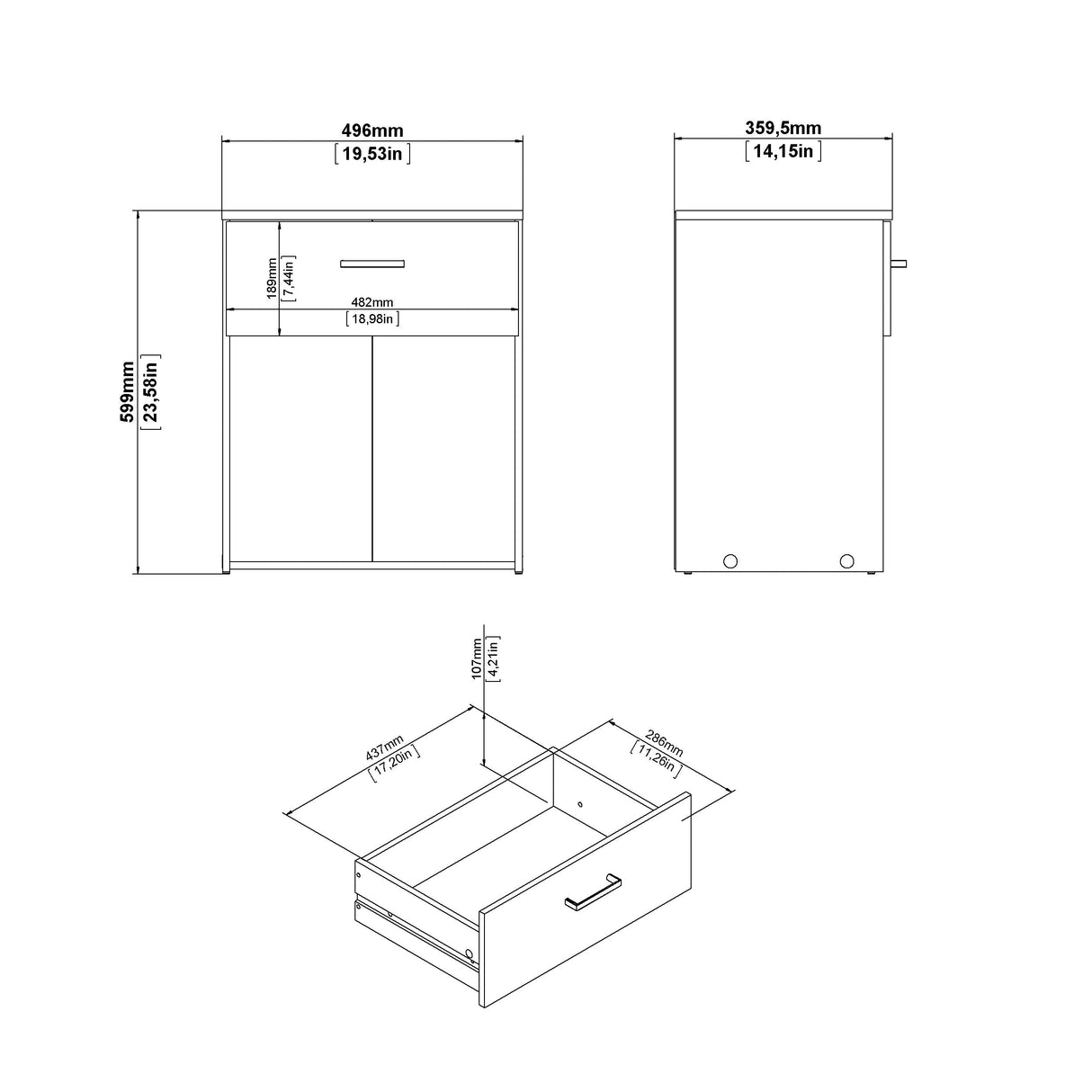 Space Bedside table with 1 drawer, Oak-look/White