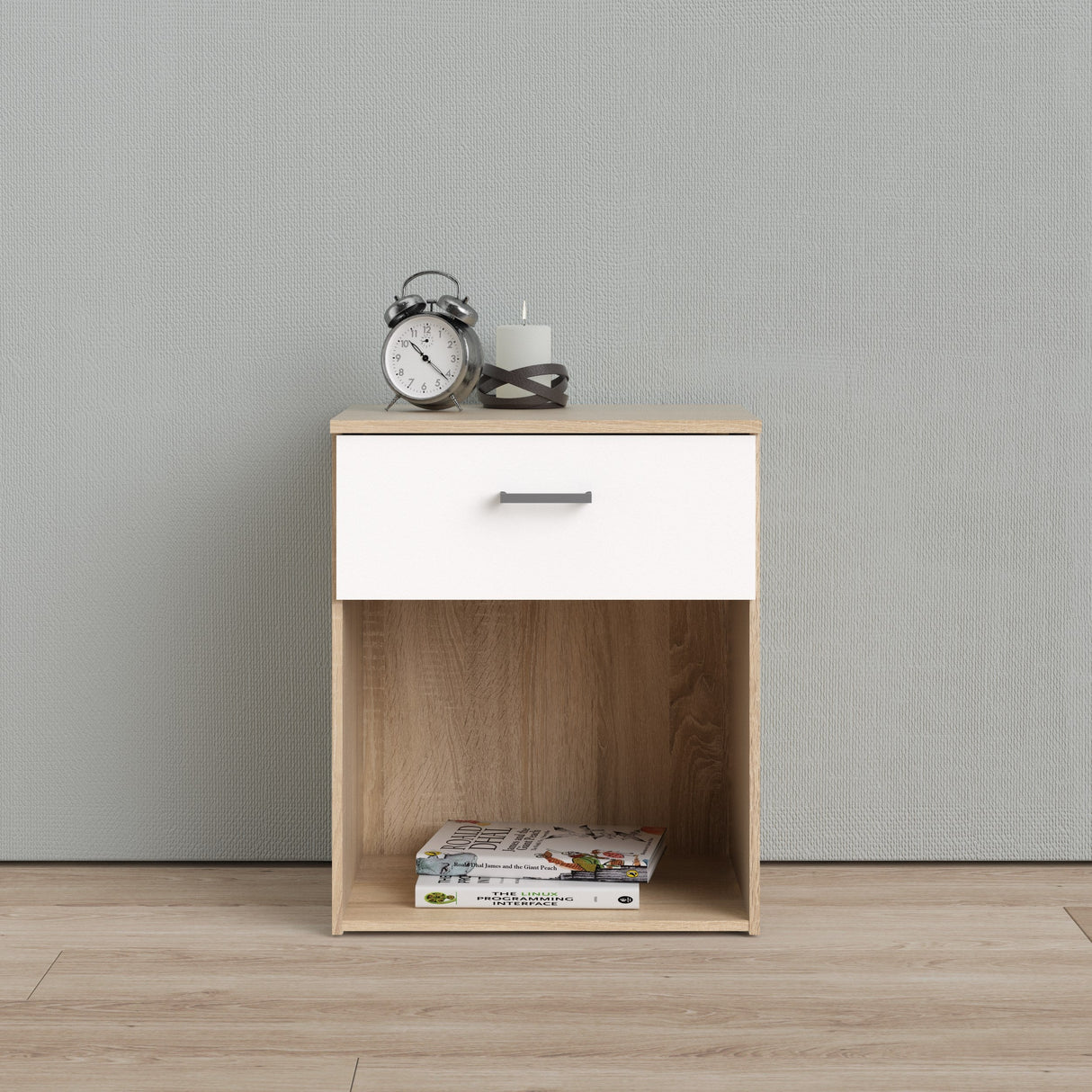 Space Bedside table with 1 drawer, Oak-look/White