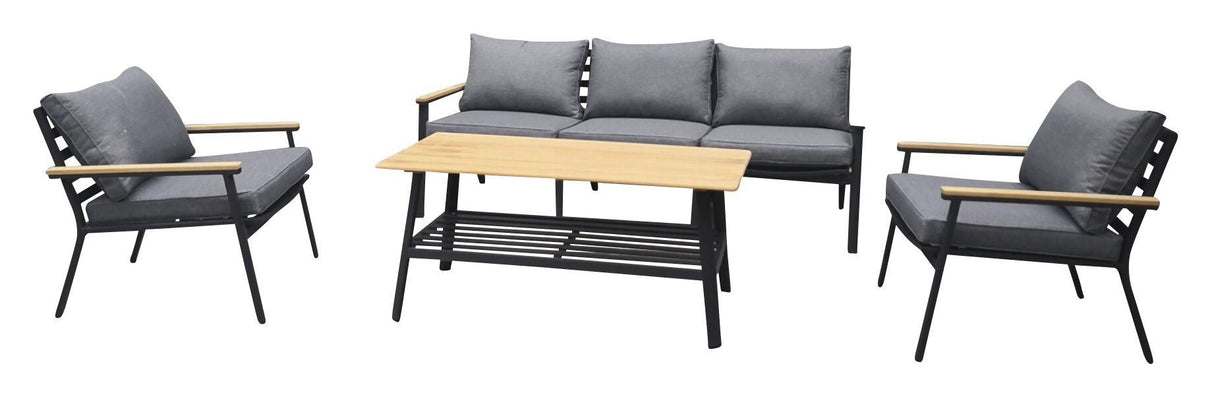 Brasilia Lounge Set, Black Alu/teak with gray cushions