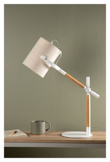 Dennis Table Lamp, White/Beige Linen