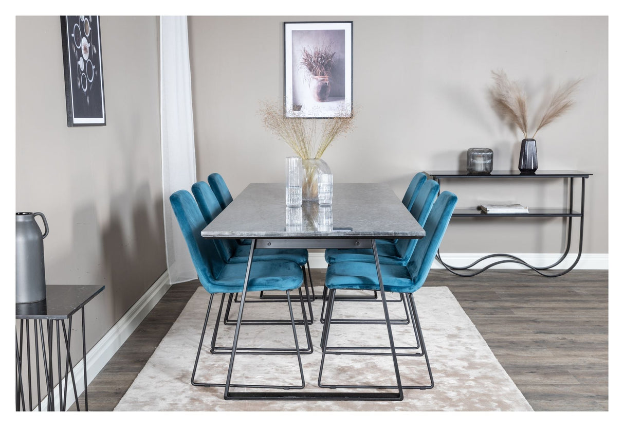 Muce Dining chair, Blue velvet, Black metal legs