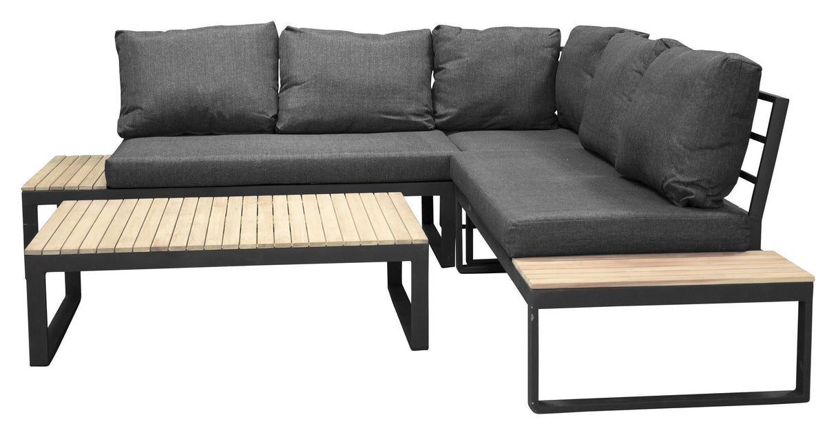 Panama Lounge Bed with Table, Black Alu/Acacie/Gray Cushion