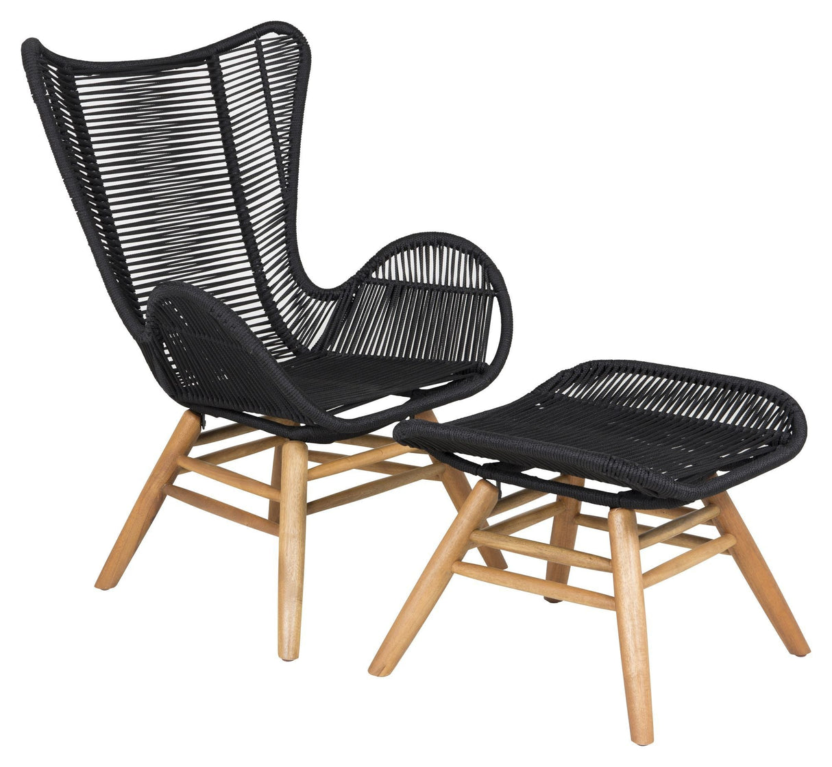 Tinkle Bell Lounge Chair incl. Footstool, Black Rope/Acacie