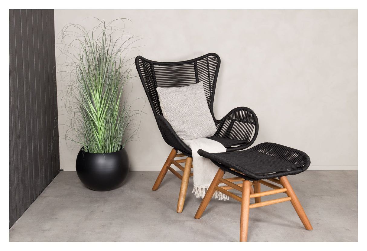 Tinkle Bell Lounge Chair incl. Footstool, Black Rope/Acacie