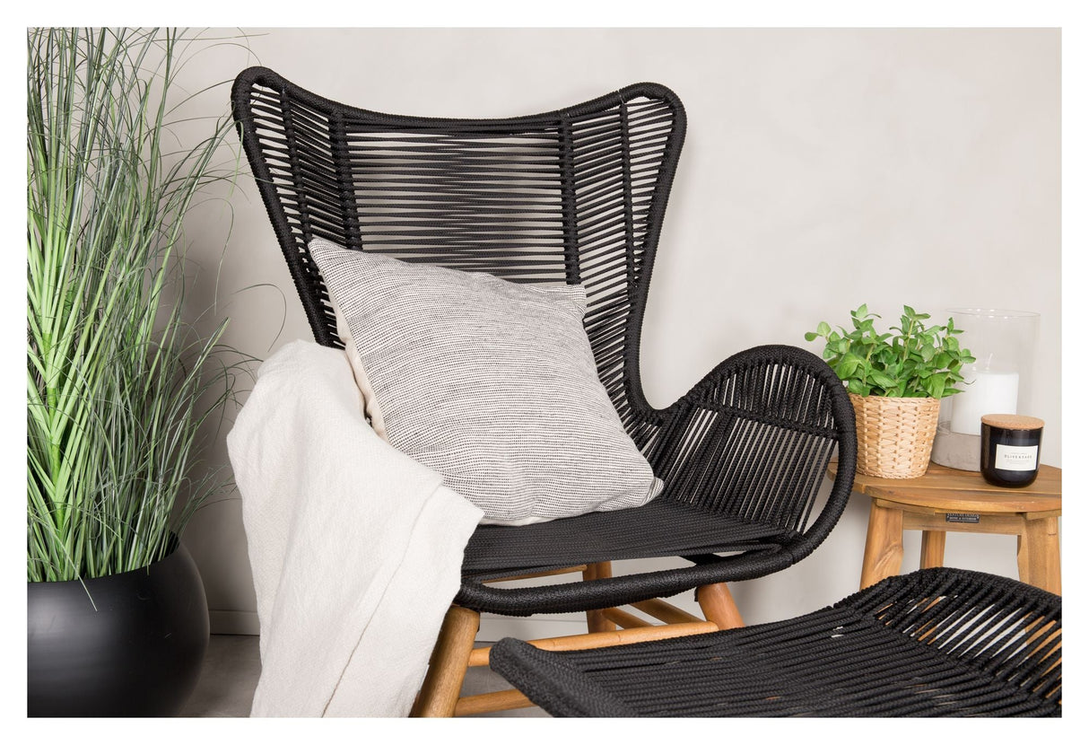 Tinkle Bell Lounge Chair incl. Footstool, Black Rope/Acacie