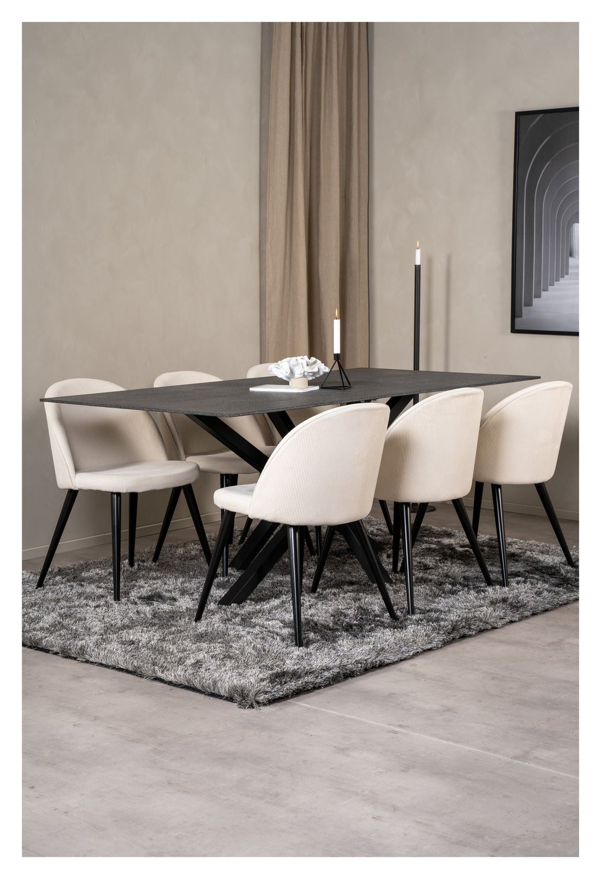 Velvet Dining chair, Off white velvet, black metal legs