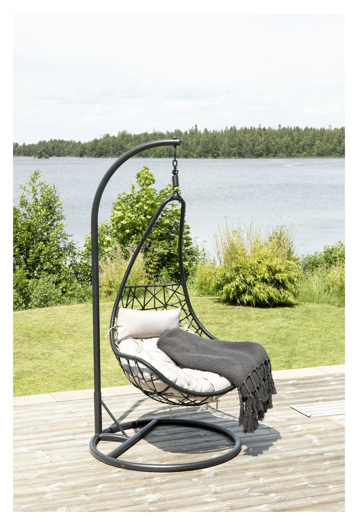 Wide Hanging Chair, Black Frame/Black Woven/Gray Cushion