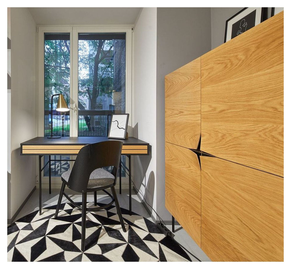 Stripe Desk with 2 drawers, Black/Oak veneer