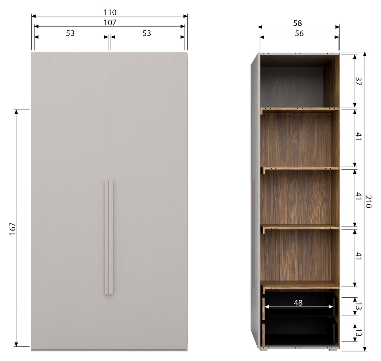 Clean Wardrobe with 2 doors, B110, Mat Light gray