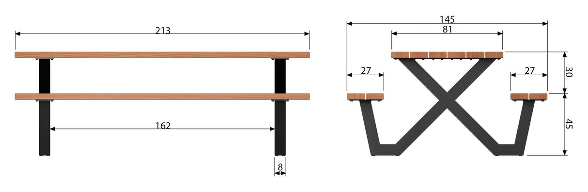 Woood Tablo Table/bench set with X-pins - Wood/Metal, 210x145