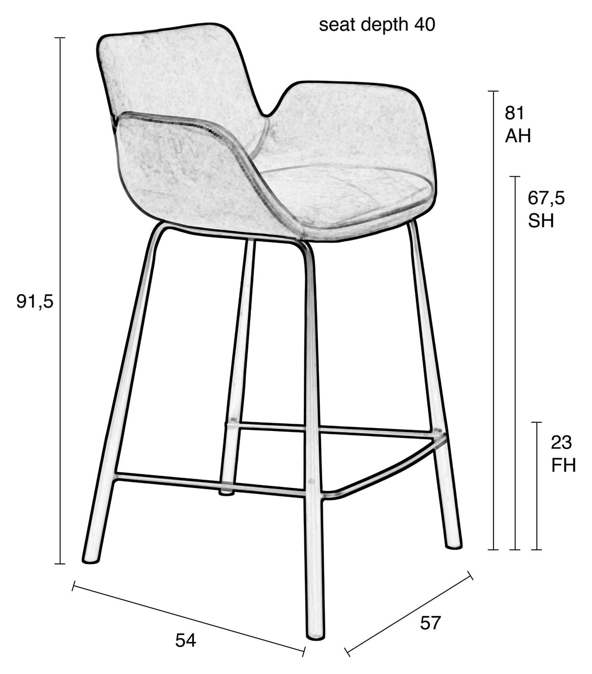 Zuiver Brit bar stool - Petrol Velour, SH: 67.5cm